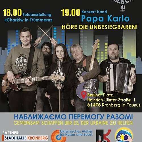 Band Papa Karlo aus dem ostukrainischen Charkiw mit einem Benefizkonzert in Kronberg!

Erleben Sie ukrainische Musik im...