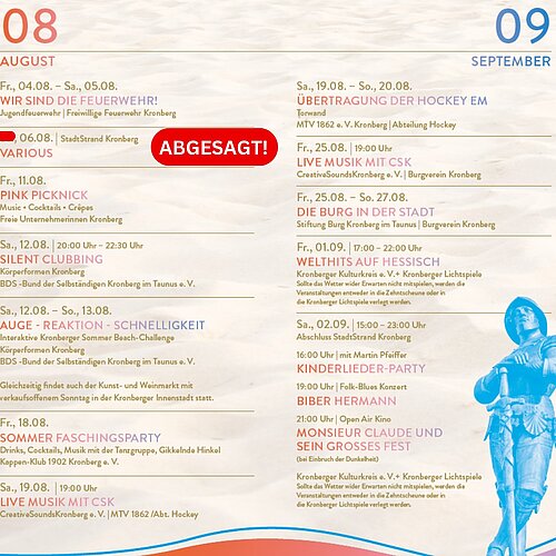 KRONBERGER SOMMER:
❗ Die für heute (06.08.2023) geplante Veranstaltung "VARIOUS" am StadtStrand ist aufgrund der...